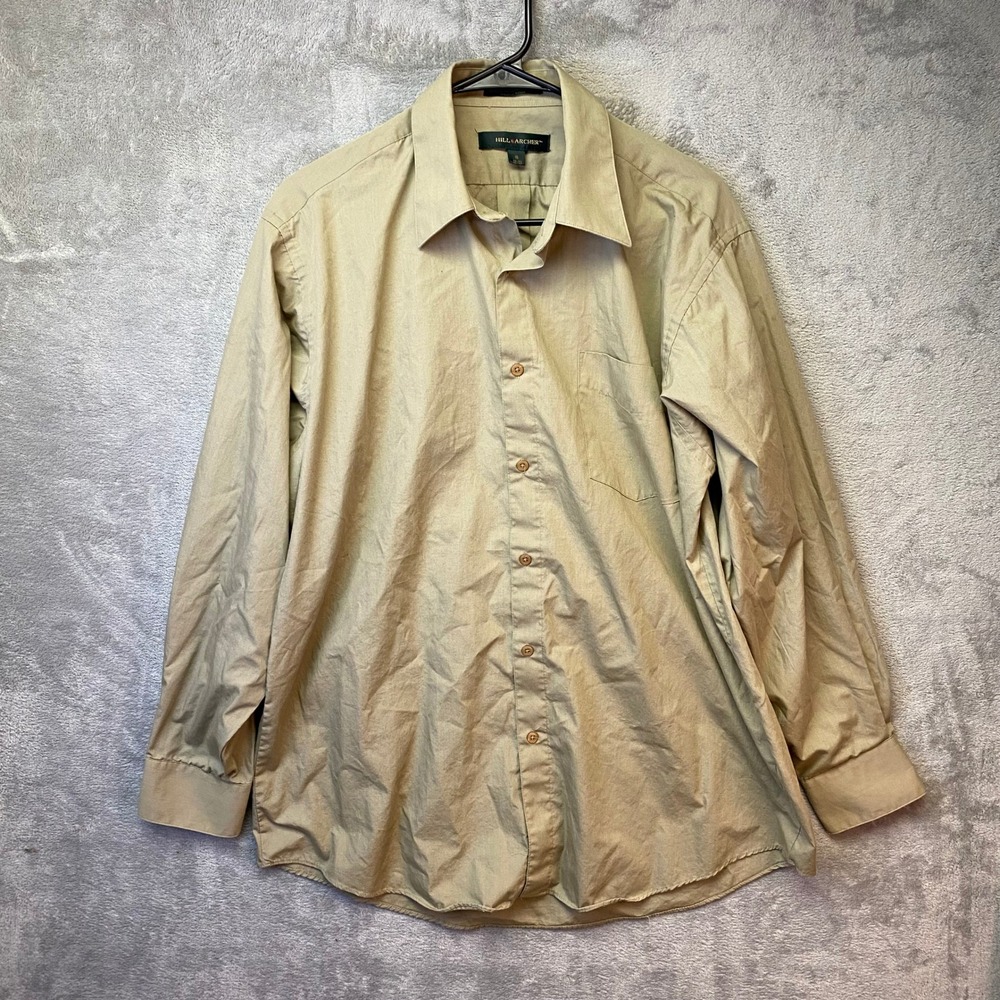 Hill & Archer Button Down Mens 16 32/33 Long Sleeve Khaki Tan Solid EUC